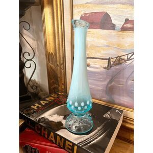 Vintage Fenton Blue Opalescent Hobnail Bud Vase — 8.5" Tall
